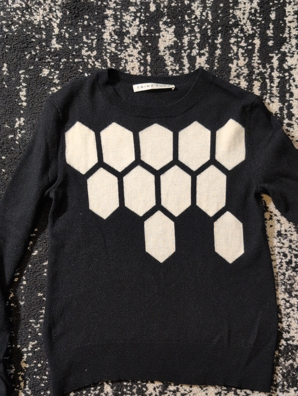 Trina Turk Black 100% Merino Wool Crewneck Sweater with Cream Honeycomb Motif